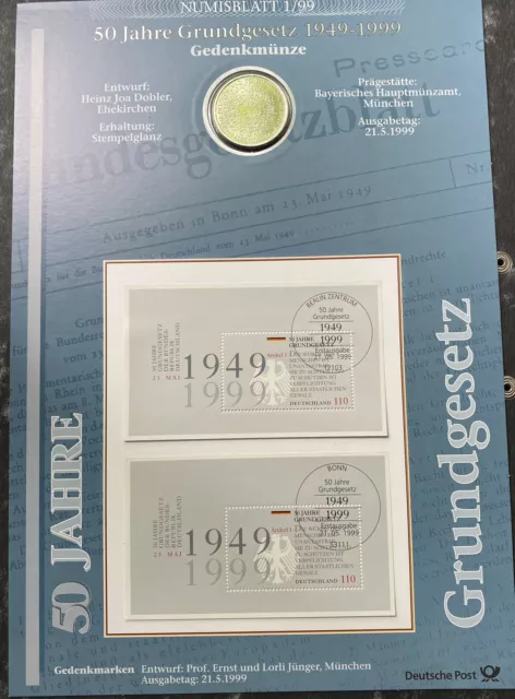 Sammlerstück  Numisblatt 1/1999 BRD,  50 Jahre Grundgesetz mit 10-DM-Silbermünze