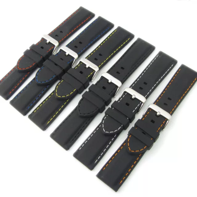 Flexible Silicone Watch Strap Black Coloured Contrast Stitching 18mm - 28mm C039