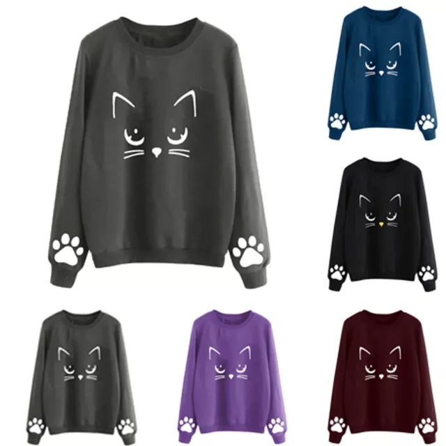 Ladies Fashion Casual Cat Print Round Neck Sweater Loose Long Sleeve Pullover