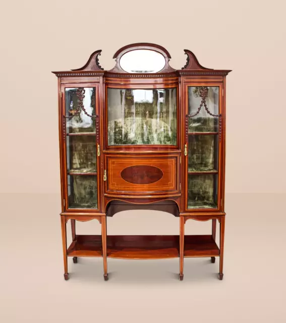 Antique Cabinet / Edwardian Mahogany Inlaid Display Cabinet with Oval Mirror