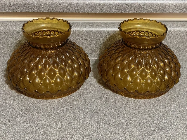 Vintage Amber Diamond Quilted Glass Hurricane Lamp Shade/ Ruffled Top Edge Pair