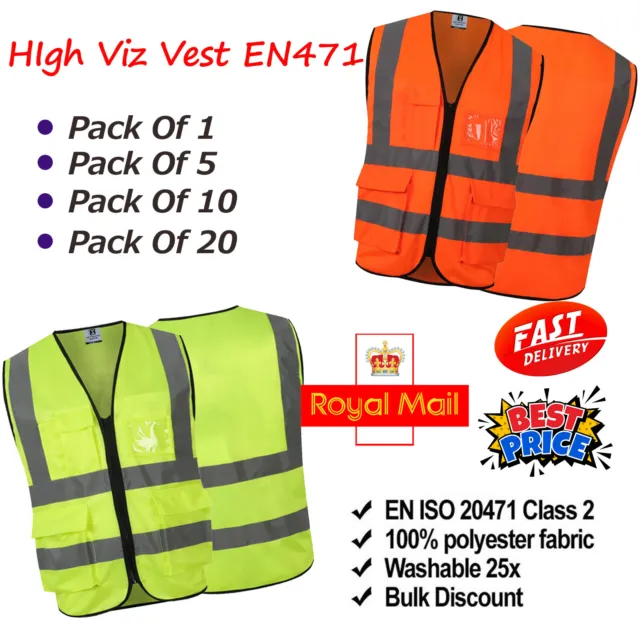HI Viz Vest High Visibility Safety Vests Jacket Coat Orange and Yellow Zipped UK