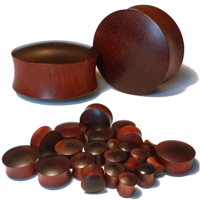 Pair of Convex Red Sandalwood Ear Plugs - Organic Saddle Gauges Tunnels Earrings