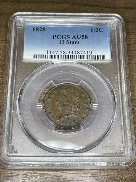 1828 13 Stars 1/2C Classic Head Half Cent AU58 PCGS Variety Half Cent 13 Stars