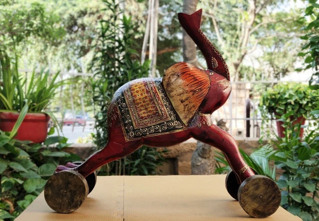Estatua de rueda de elefante de madera antigua coleccionable hecha a mano...