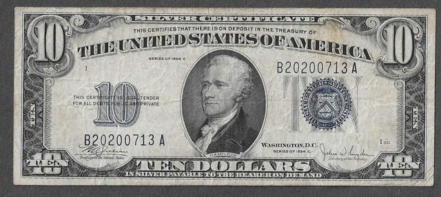 FR. 1704 Ten Dollars ($10) Series of 1934C Blue Seal Silver Certificate