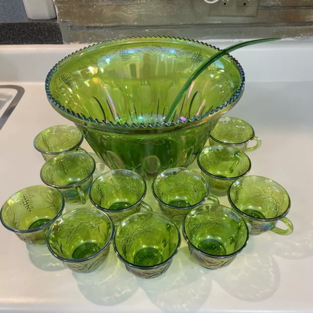INDIANA GLASS CRYSTAL Punch Bowl with 6 Punch Cups Ladle Leaves