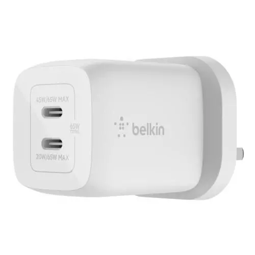 Belkin BoostCharge 65W Dual USB-C GaN Wall Charger -White [WCH013AUWH]