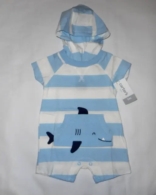 Carters Baby Boy Striped Hooded Shark Romper - Infant Size 3 Months - New