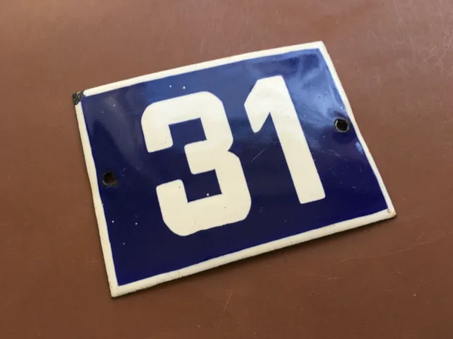 ANTIQUE VINTAGE FRENCH ENAMEL SIGN HOUSE NUMBER 31 DOOR GATE SIGN BLUE 1950's