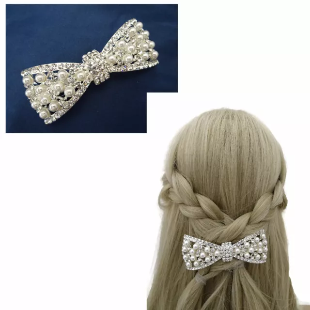 Beautiful Pearl Crystal Barrette Hair Clip Bow Design Silver Tone Bridal Prom 2