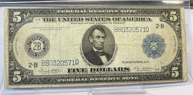1914 5 Dollar 2-B New York NY. Blue Seal