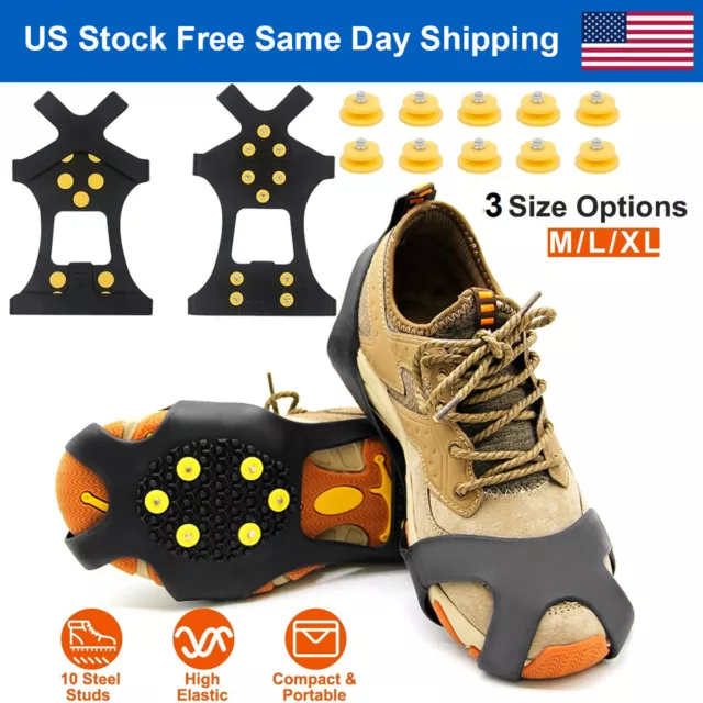 US Ice Snow Anti Slip Spikes Grips Grippers Crampons Cleats For Hike Shoes Boots