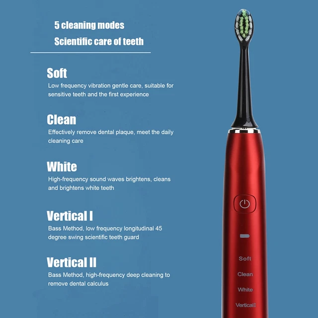 Cepillo de dientes eléctrico ultrasónico para adultos (rojo) carga inalámbrica USB completa