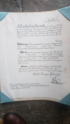GENUINE ROYAL OBE Order British Empire Certificate signed HRH QE2