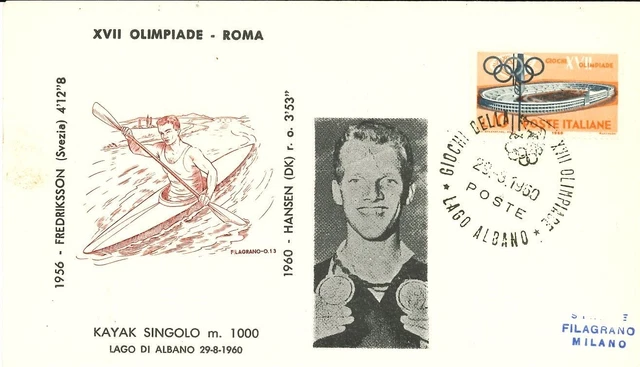 🏅 Olympic Special Cancel Roma 1960 - Kayak K1 1000 mt.  - Erik Hansen Danimarca