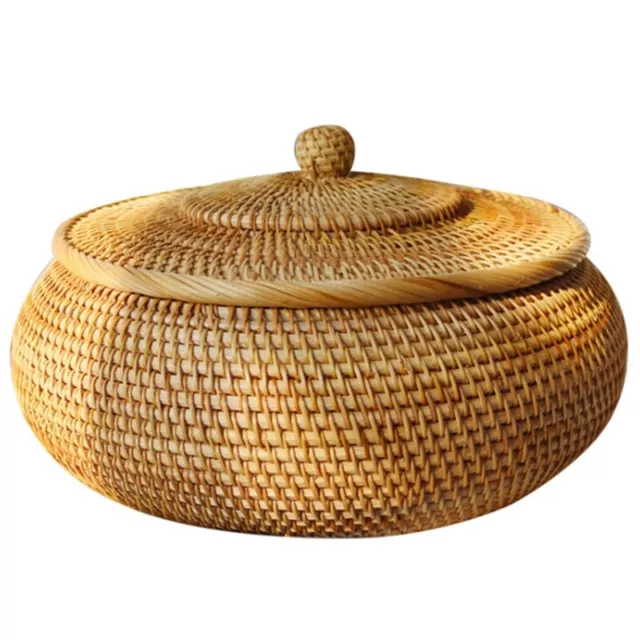 Round Rattan Box,Wicker Fruit Basket with Lid Bread Basket Tray Storage Bas Q1Q2