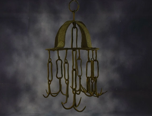 Antique Hanging Butcher Rack Cast Wrought Iron 8 hooks French 18th C Barn Style