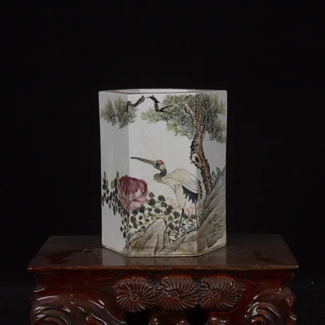 5.9" Collect China Porcelain Overglaze Color Hand Painting Flower Bird Brush Pot