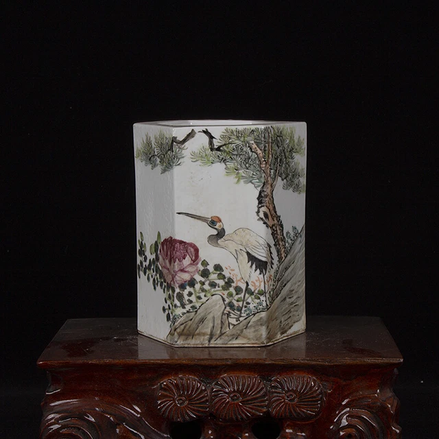 5.9" Collect China Porcelain Overglaze Color Hand Painting Flower Bird Brush Pot