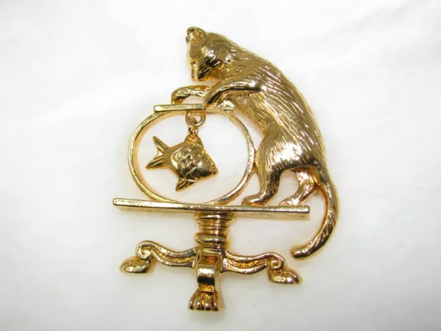 Vintage Avon Kitty Cat N Fishbowl Brooch Goldfish Goldtone pin dangling fish