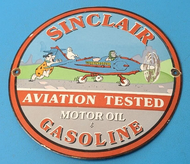 Vintage Sinclair Gasoline Porcelain Flintstones Gas Aviation Service Pump Sign