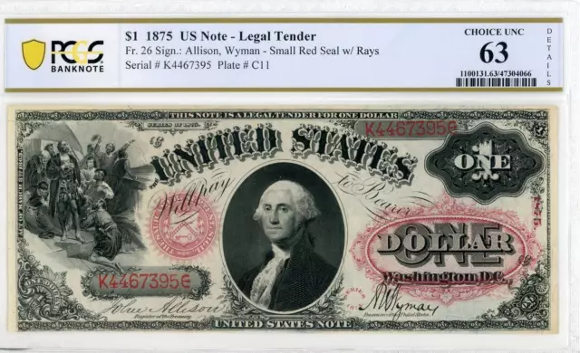 NobleSpirit No Reserve Fr 26 1875 $1 Small Seal w/ Rays Legal Tender PCGS MS 63