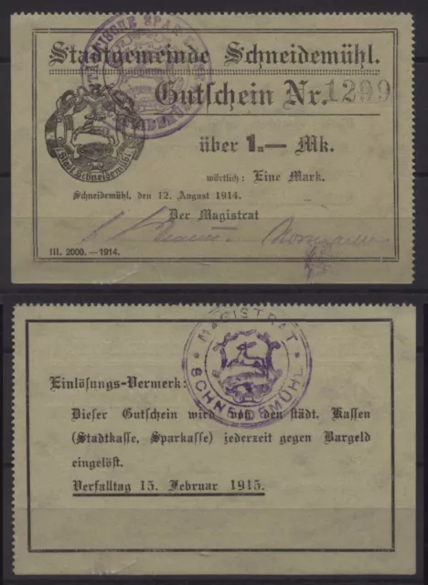 [25580] - NOTGELD SCHNEIDEMÜHL (heute: Piła), Stadt, 1 Mark, 12.08.1914. Dießner