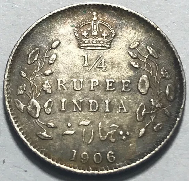 BRITISH INDIA - Edward VII - Silver 1/4 Rupee - 1906c - Toned About Uncirculated