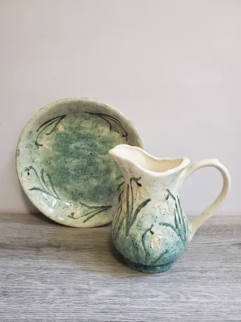 JENNY BELL Durham Dales Studio Pottery Hand Painted Floral Jug & Plate