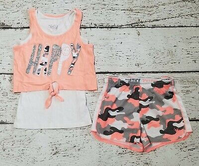 JUSTICE 10 Girls Peach Pink Happy Tank Top & Camouflage Athletic Shorts VGUC