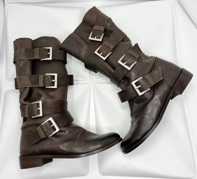 LIMI Feu Feu Paris 34.5 Sz 5 Womens Brown Leather Buckle Stappy Boots Biker RARE