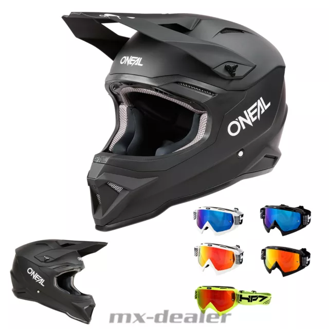 O'Neal 1 SRS V24 ECE06 Solid Schwarz MX Helm Crosshelm + HP7 Brille Motocross