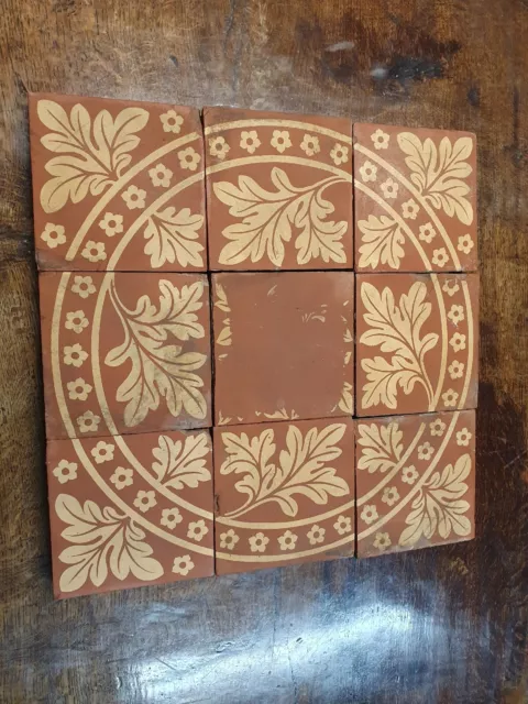 Antique Minton & Co Encaustic Floor Tile C1860 Set of 9 tiles original.