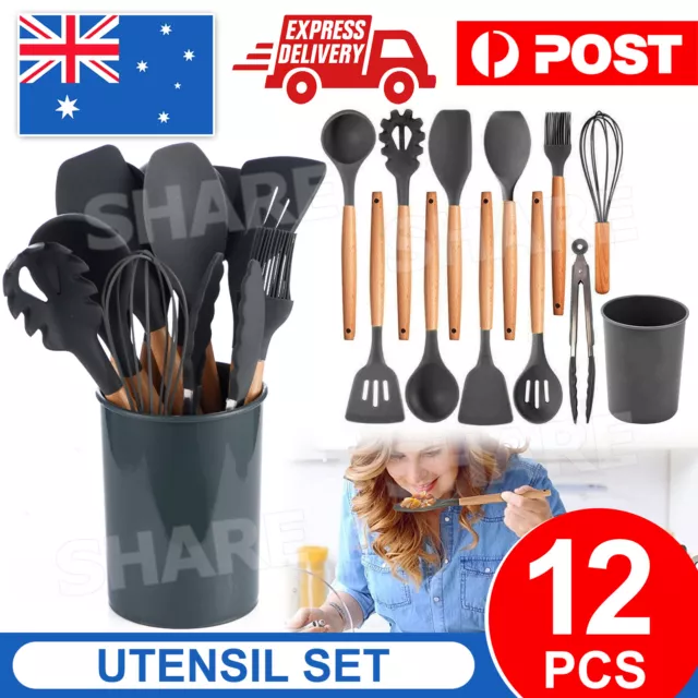 Set of 12 Silicone Utensils Set Wooden Cooking Kitchen Baking Cookware AU