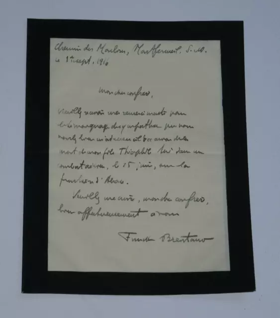 Frantz FUNCK BRENTANO - LETTRE AUTOGRAPHE SIGNÉE "Mort de mon fils" GUERRE 14/18