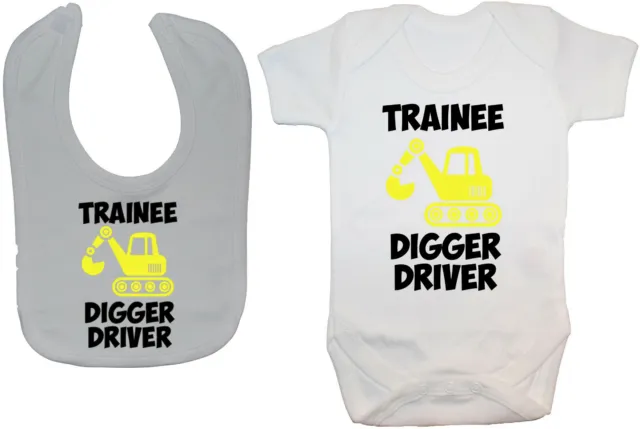 Trainee Digger Driver Baby Grow/Romper & Feeding Bib 0-24m Boy Girl Gift Builder