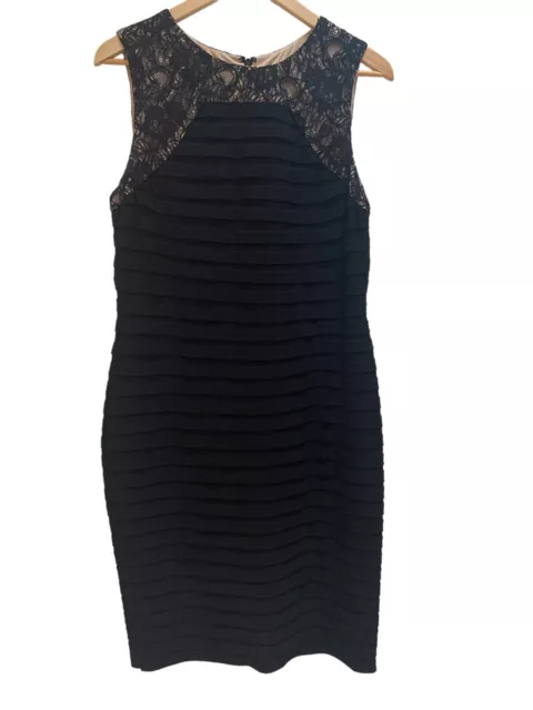 ADRIANNA PAPELL Black Lace Neckline Pleated Fitted Stretch Cocktail Dress 14