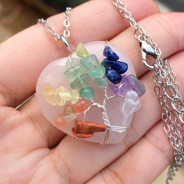 7 Chakra Rose Quartz Gem Stone Tree Of Life Heart Necklace Reiki Healing Amulet