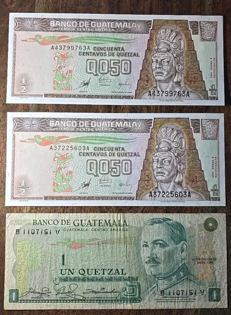 P23*Guatemala 1x1981,2x1998 1x1 and 2x ½ Half Quetzal Banknotes,3 Total P98,P59