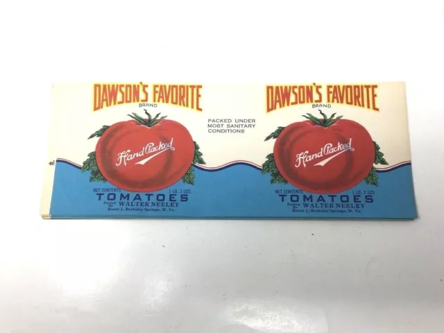1950's Dawson's Favorite Tomatoes Can Label. Walter Neeley, Berkeley Springs, WV