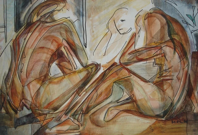 Grand Tableau Technique Mixte - ETUDE DE NUS - signé BERIL - XXème -