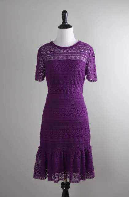 ELIE TAHARI $328 Purple Fringe Lace Lined Sheer Trim Flounce Dress Size 4