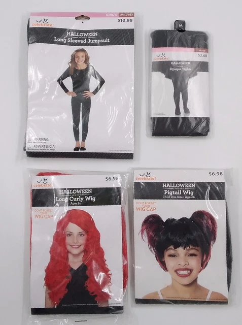 Lot 4 Way to Celebrate Halloween Jumpsuit Tights Curly & Pigtail Wig Size M 7/8