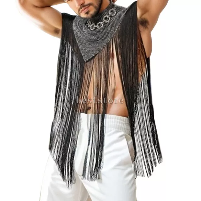 Mens Sexy Tassel Cape Pullover Nightclub Top Sleeveless High Neck Handsome Shirt 3