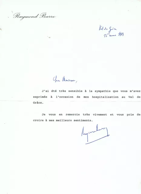 RAYMOND BARRE Premier Ministre Lettre autographe signé 1984