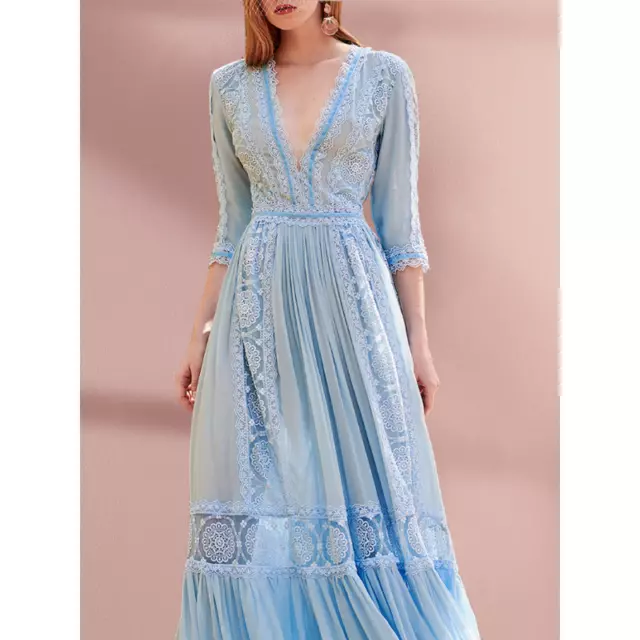 Sexy V Neck Womens Lace Blue Dress Chiffon Runway Occident Wedding  Maxi Dress