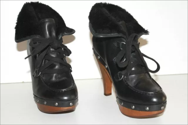 GUESS  Boots Fourrées à Talons Cuir Clouté Noir Lacets T 39 TBE 2