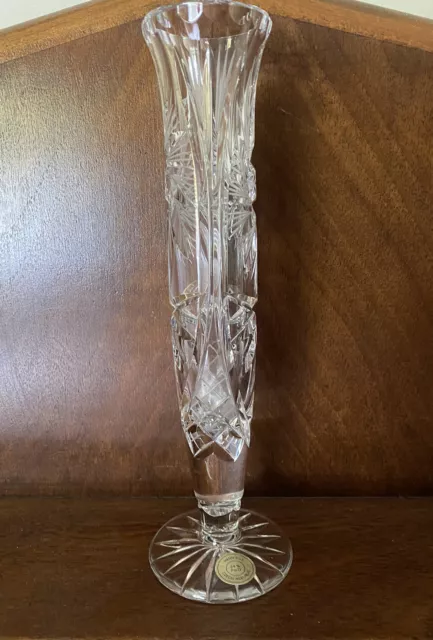 Bohemian Czech Crystal Bud Vase Hand Cut 24% Lead Glass Czech Republic 9" Tall