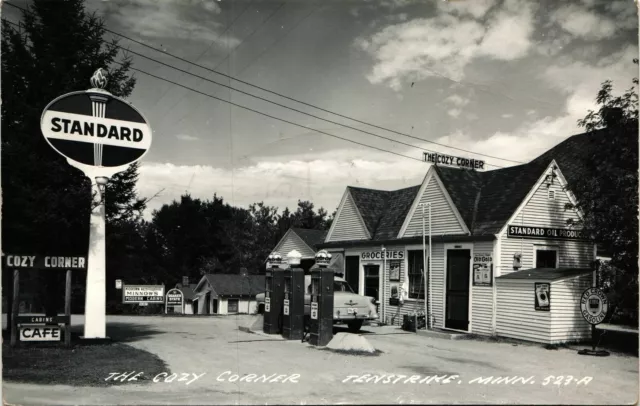 STANDARD GAS STATION & STORE photo postcard rppc TENSTRIKE MN 1950s ~cozy corner